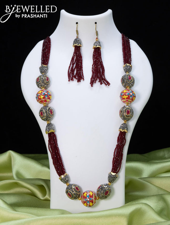 Jaipur crystal beaded maroon necklace with stone and minakari balls - {{ collection.title }} by Prashanti Sarees