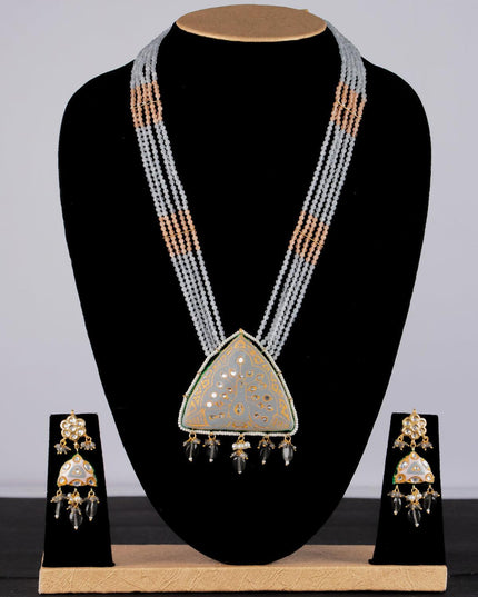 Jaipur crystal beaded off white mid length necklace with minakari pendant and hangings - {{ collection.title }} by Prashanti Sarees