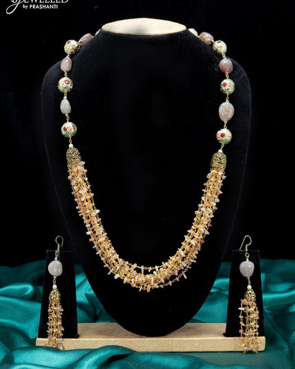 Jaipur crystal beaded peach necklace with kemp stones pendant - {{ collection.title }} by Prashanti Sarees