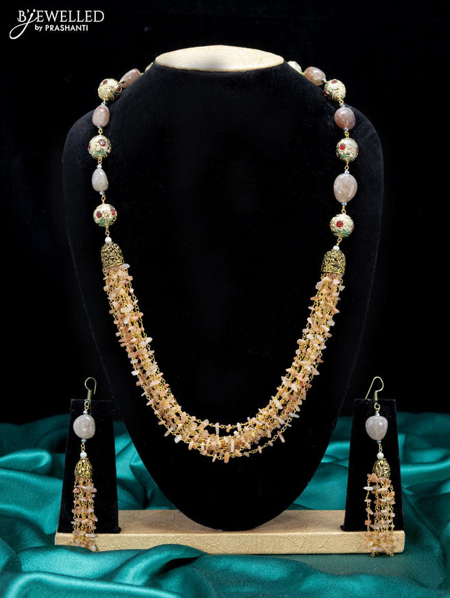 Jaipur crystal beaded peach necklace with kemp stones pendant - {{ collection.title }} by Prashanti Sarees