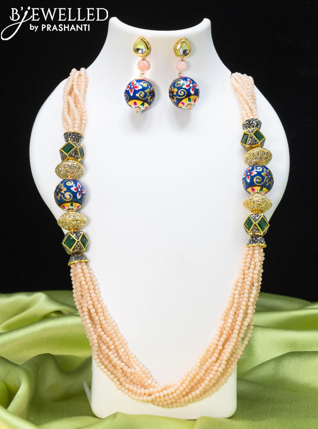 Jaipur crystal beaded peach necklace with stone and minakari balls - {{ collection.title }} by Prashanti Sarees