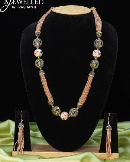 Jaipur crystal beaded peach necklace with stone and minakari balls - {{ collection.title }} by Prashanti Sarees