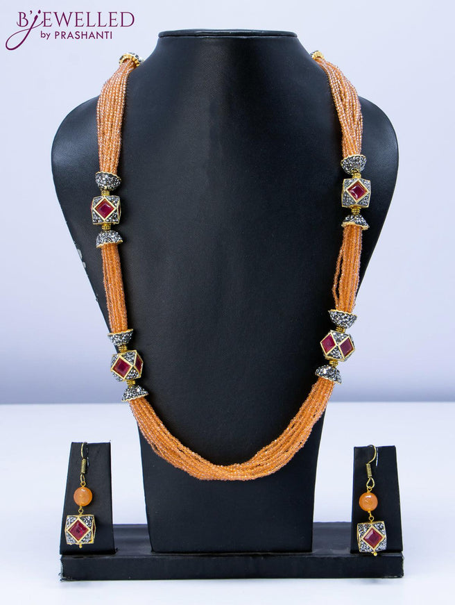 Jaipur crystal beaded peach necklace with stone pendant - {{ collection.title }} by Prashanti Sarees