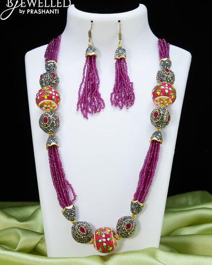 Jaipur crystal beaded purple necklace with stone and minakari balls - {{ collection.title }} by Prashanti Sarees