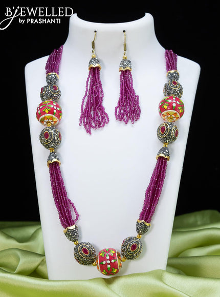 Jaipur crystal beaded purple necklace with stone and minakari balls - {{ collection.title }} by Prashanti Sarees