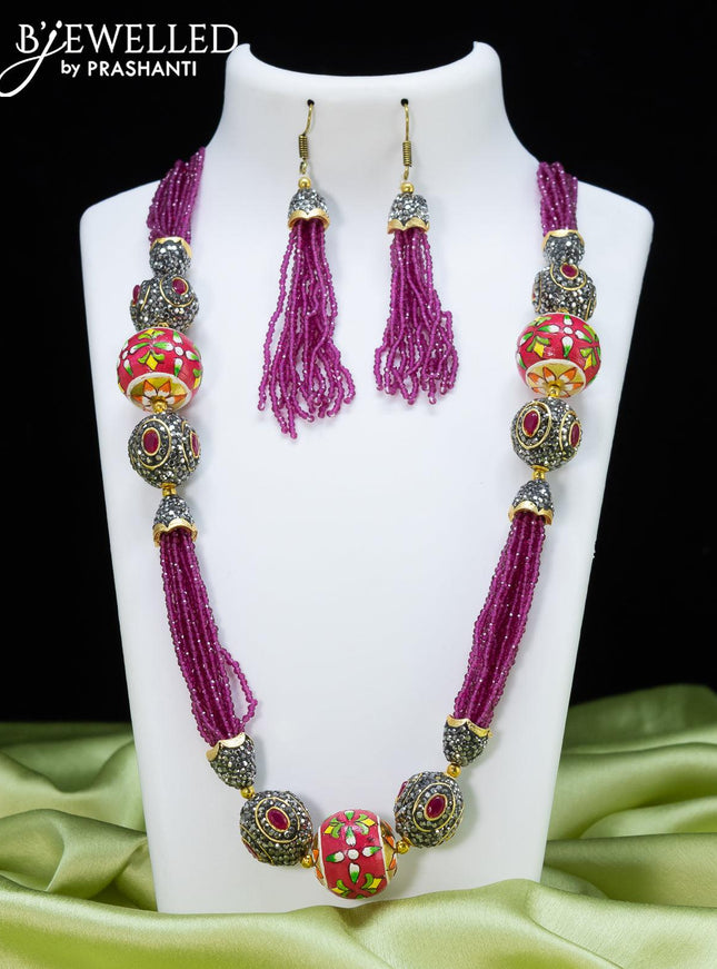 Jaipur crystal beaded purple necklace with stone and minakari balls - {{ collection.title }} by Prashanti Sarees
