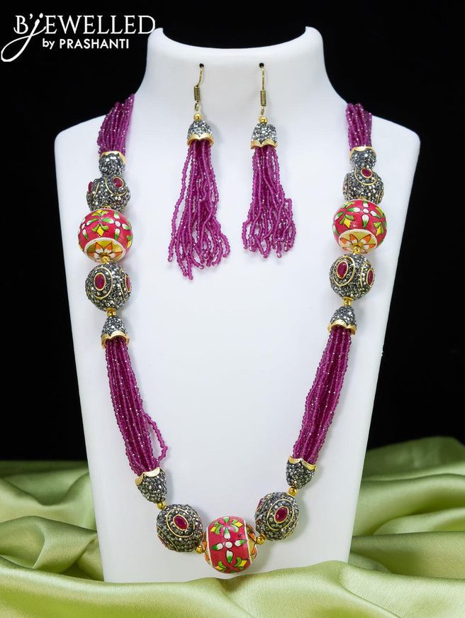Jaipur crystal beaded purple necklace with stone and minakari balls - {{ collection.title }} by Prashanti Sarees