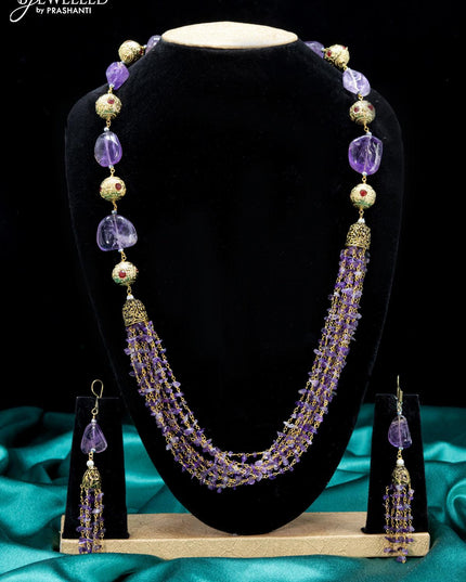Jaipur crystal beaded violet necklace with kemp stones pendant - {{ collection.title }} by Prashanti Sarees