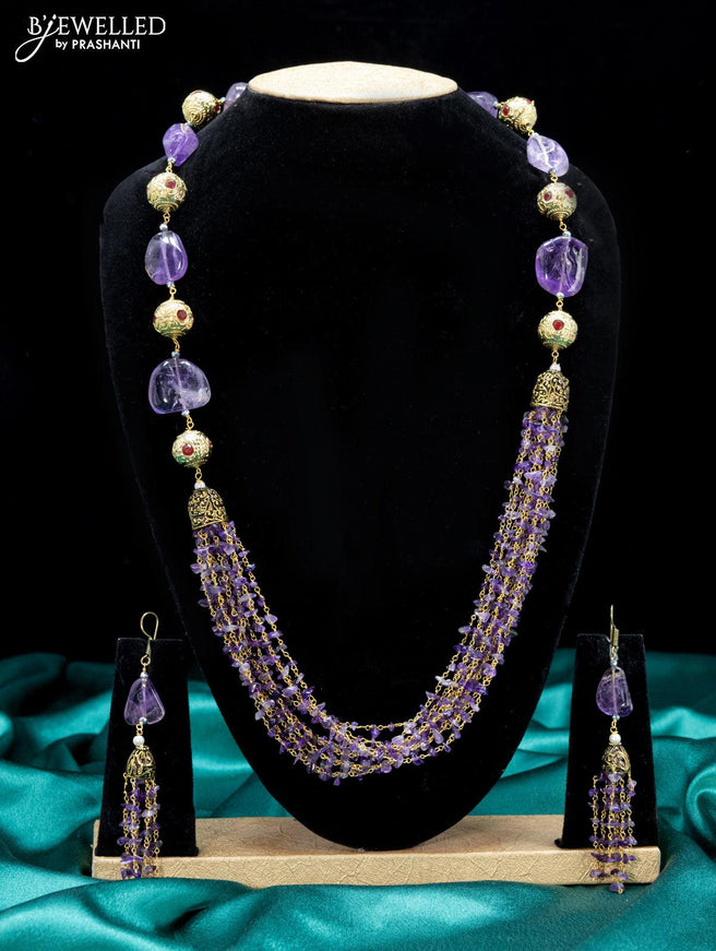 Jaipur crystal beaded violet necklace with kemp stones pendant - {{ collection.title }} by Prashanti Sarees