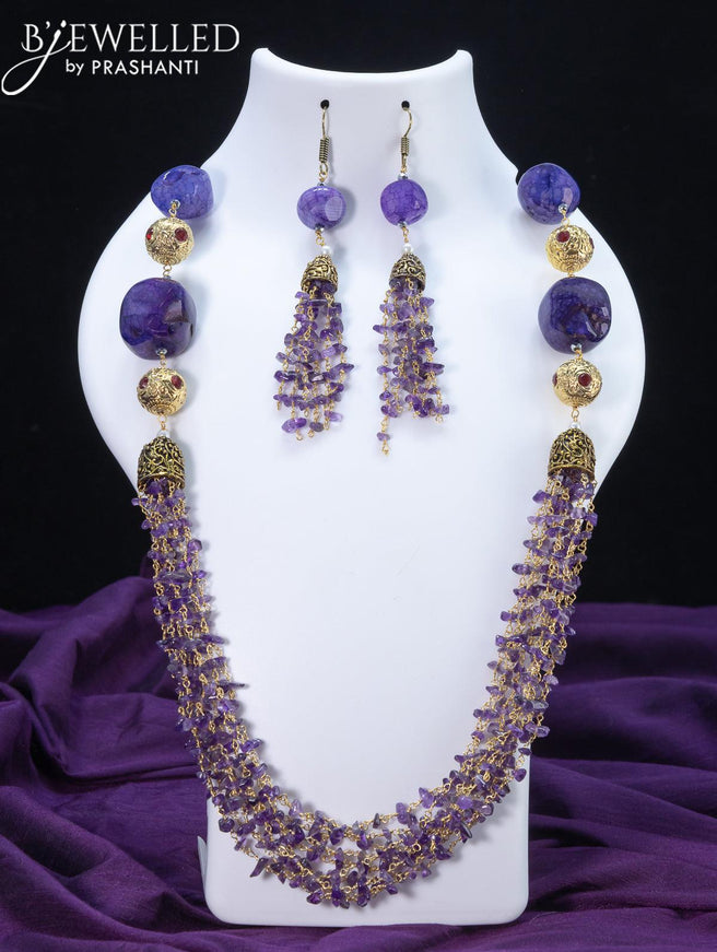 Jaipur crystal beaded violet necklace with stones pendant - {{ collection.title }} by Prashanti Sarees