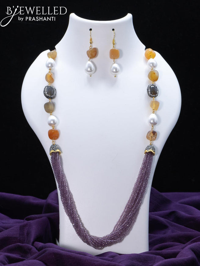 Jaipur crystal beaded wine shade necklace with orange stone and pearl - {{ collection.title }} by Prashanti Sarees