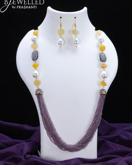 Jaipur crystal beaded wine shade necklace with yellow stone and pearl - {{ collection.title }} by Prashanti Sarees