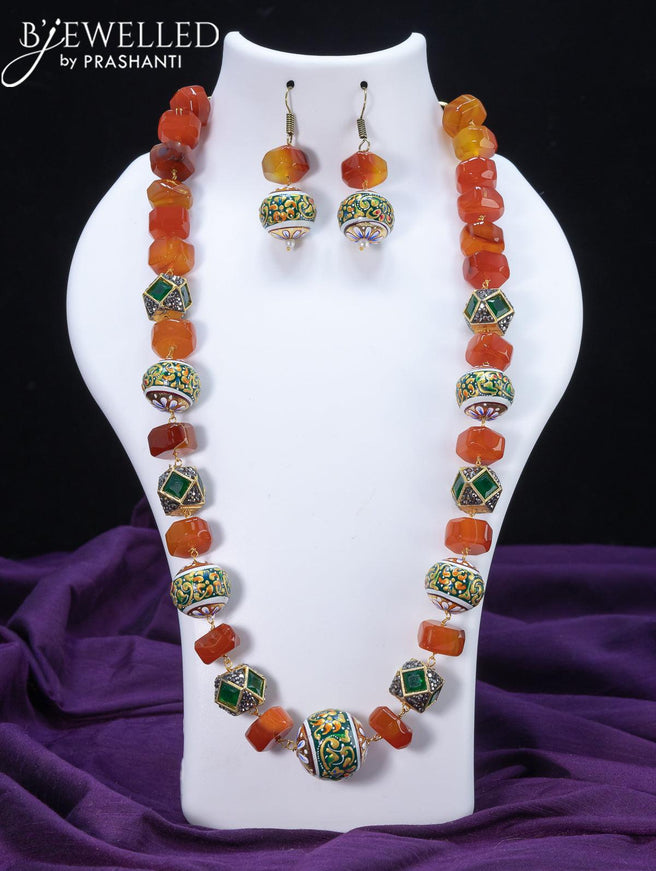 Jaipur crystal orange stone necklace with minakari balls - {{ collection.title }} by Prashanti Sarees