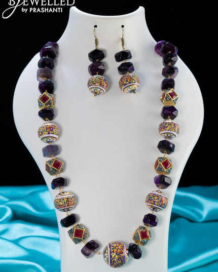 Jaipur crystal violet stone necklace with minakari balls - {{ collection.title }} by Prashanti Sarees