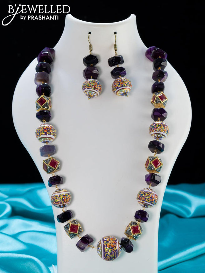 Jaipur crystal violet stone necklace with minakari balls - {{ collection.title }} by Prashanti Sarees