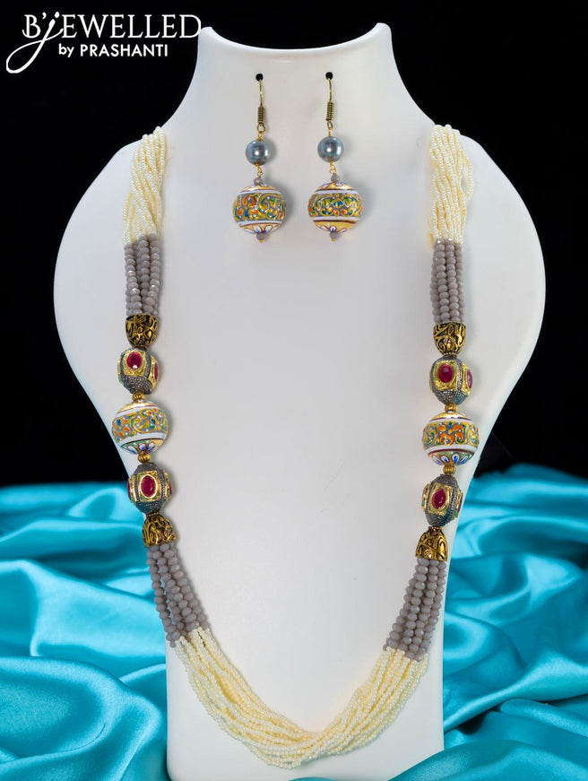Jaipur grey crystal and pearls necklace with minakari balls - {{ collection.title }} by Prashanti Sarees