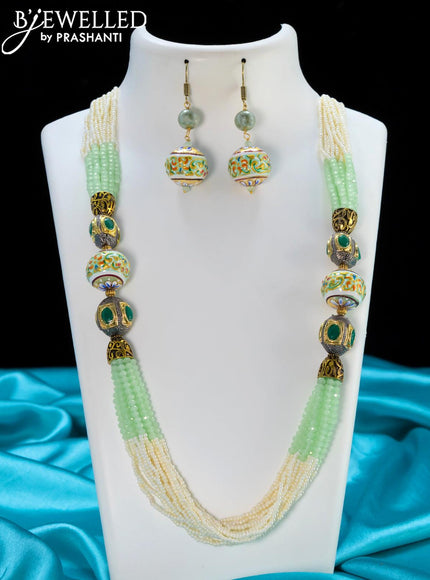 Jaipur light green crystal and pearls necklace with minakari balls - {{ collection.title }} by Prashanti Sarees