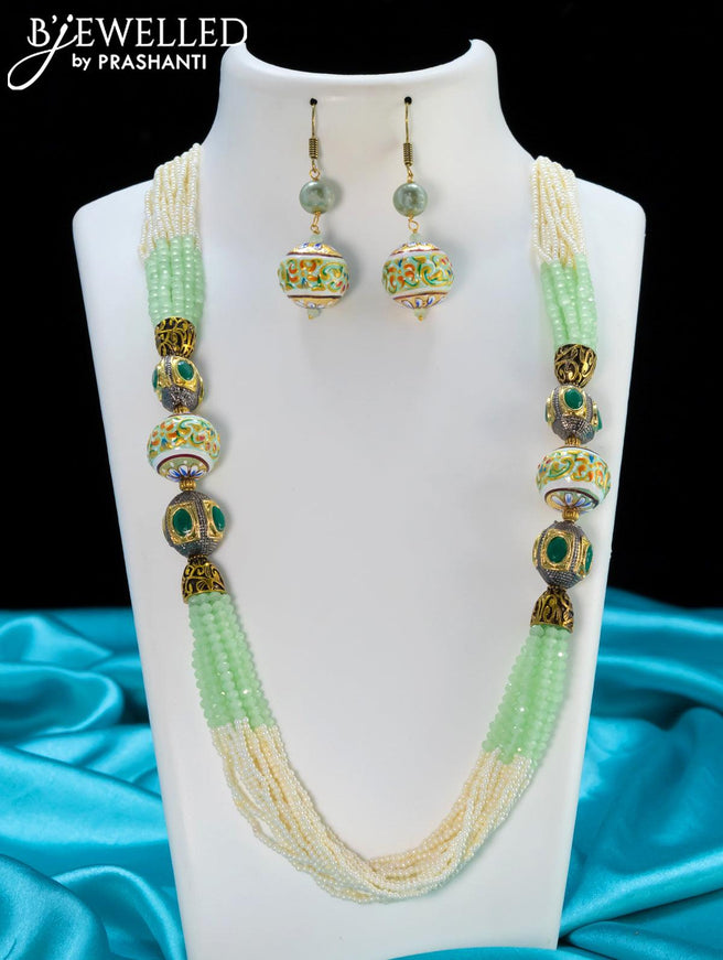 Jaipur light green crystal and pearls necklace with minakari balls - {{ collection.title }} by Prashanti Sarees