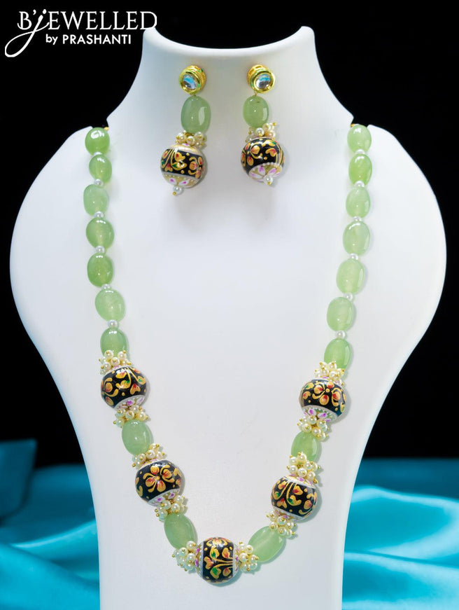 Jaipur mint green crystal and pearls necklace with black minakari balls - {{ collection.title }} by Prashanti Sarees