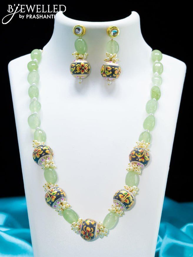 Jaipur mint green crystal and pearls necklace with grey minakari balls - {{ collection.title }} by Prashanti Sarees