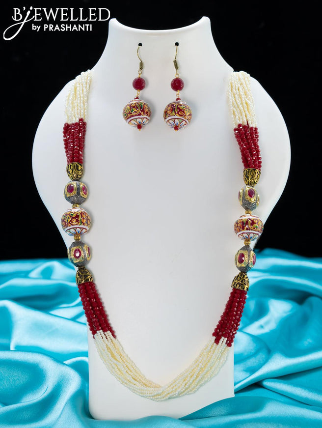 Jaipur red crystal and pearls necklace with minakari balls - {{ collection.title }} by Prashanti Sarees