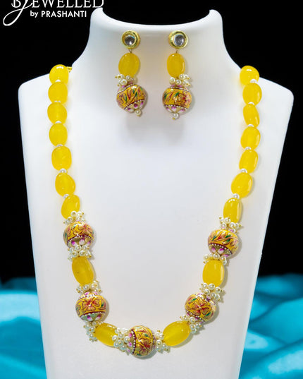 Jaipur yellow crystal and pearls necklace with minakari balls - {{ collection.title }} by Prashanti Sarees