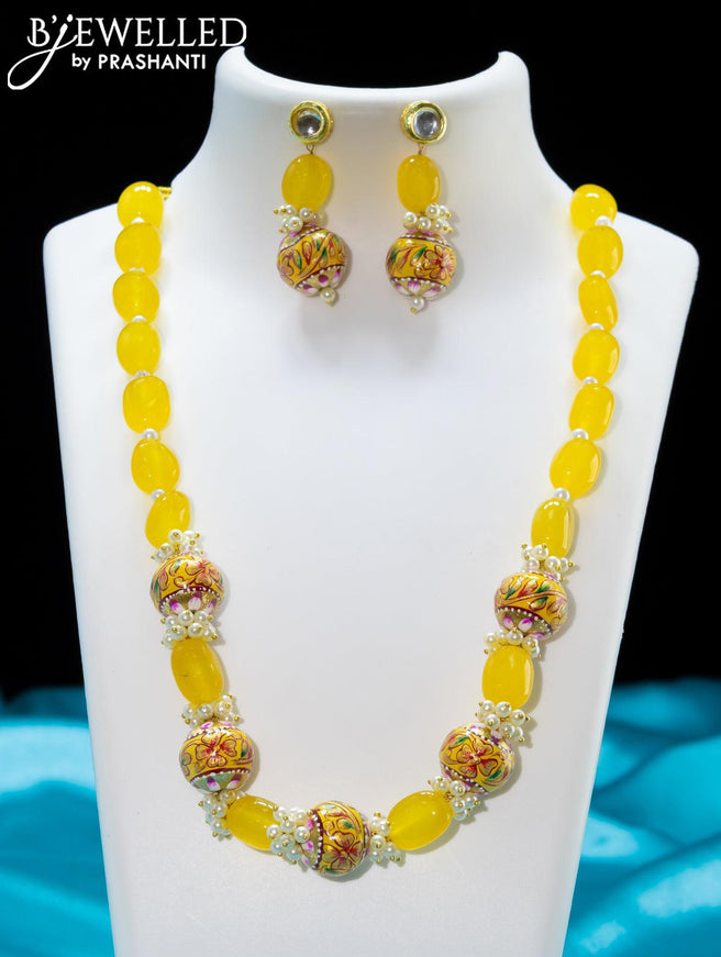 Jaipur yellow crystal and pearls necklace with minakari balls - {{ collection.title }} by Prashanti Sarees