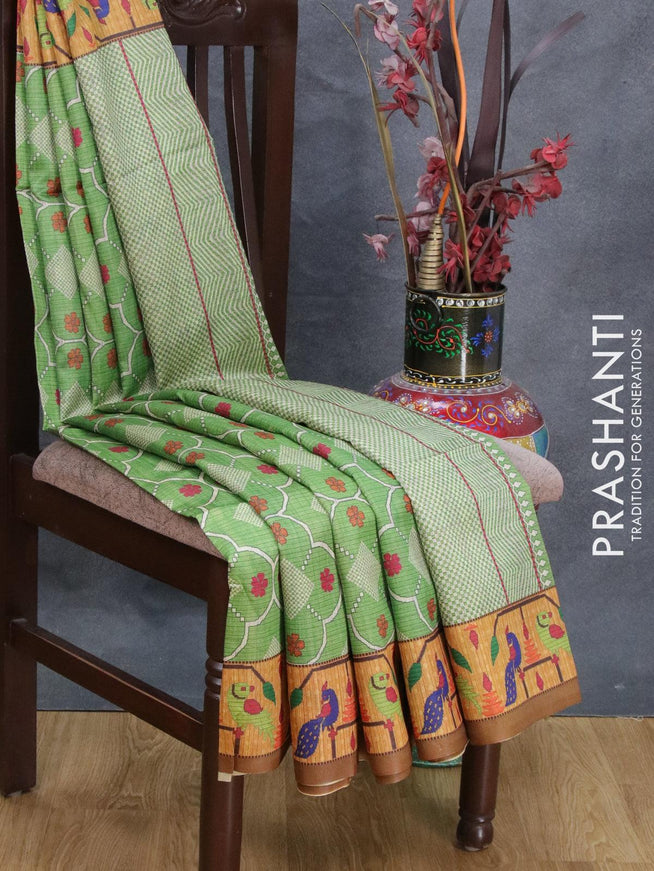Kosa silk saree green and brown with allover digital prints and paithani style border - {{ collection.title }} by Prashanti Sarees