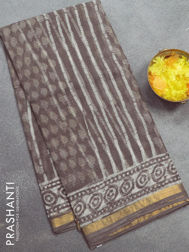 Kota doria saree dark grey shade with allover stripes pattern and zari woven border - {{ collection.title }} by Prashanti Sarees