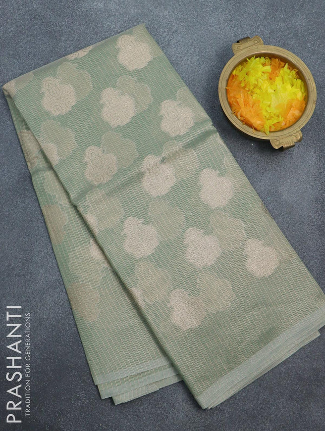 Kota tissue saree green shade with zari woven buttas in borderless style - {{ collection.title }} by Prashanti Sarees