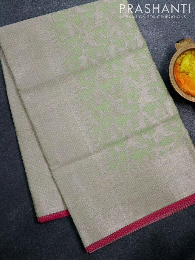 Kota tissue saree light green and pink with allover floral zari weaves and zari woven border - {{ collection.title }} by Prashanti Sarees