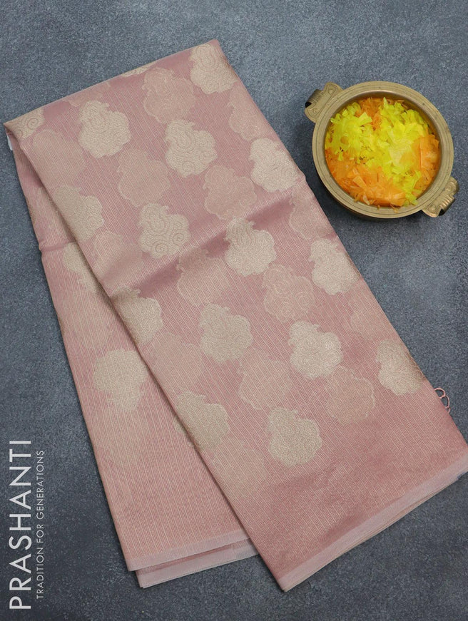 Kota tissue saree pastel pink with zari woven buttas in borderless style - {{ collection.title }} by Prashanti Sarees