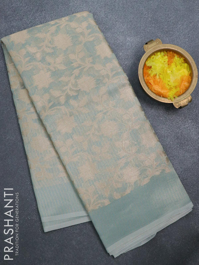 Kota tissue saree teal blue with allover zari weaves and zari woven border - {{ collection.title }} by Prashanti Sarees