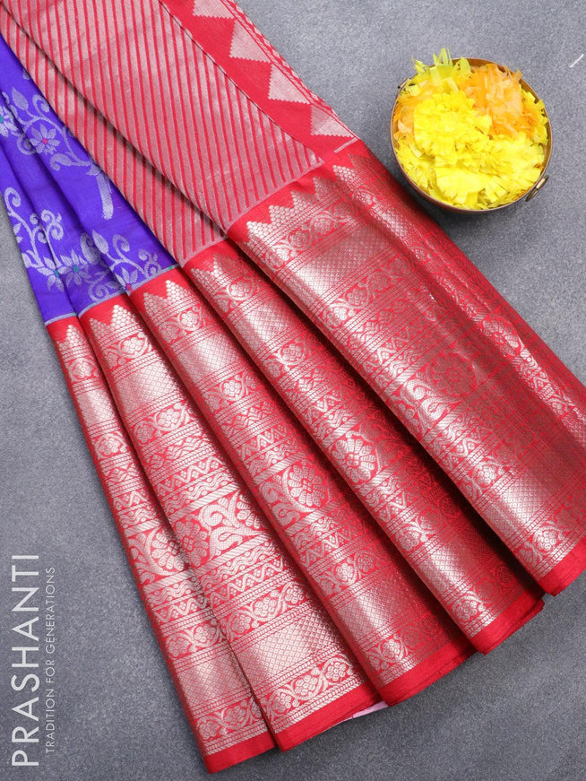 Kuppadam silk cotton saree blue and red with allover silver zari woven brocade weaves and long silver zari woven border - {{ collection.title }} by Prashanti Sarees