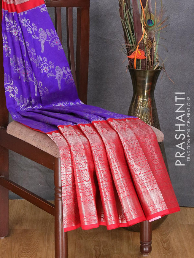 Kuppadam silk cotton saree blue and red with allover silver zari woven brocade weaves and long silver zari woven border - {{ collection.title }} by Prashanti Sarees
