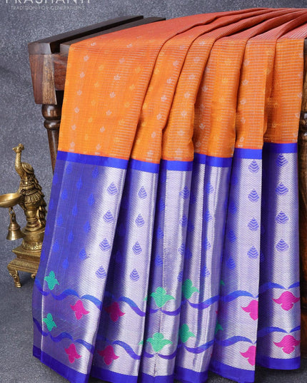 Kuppadam silk cotton saree dark mustard and blue with allover zari weaves & buttas and long silver zari woven floral design paithani border - {{ collection.title }} by Prashanti Sarees