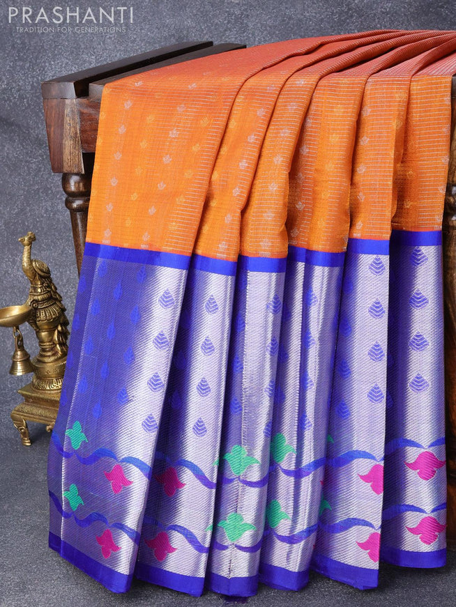 Kuppadam silk cotton saree dark mustard and blue with allover zari weaves & buttas and long silver zari woven floral design paithani border - {{ collection.title }} by Prashanti Sarees