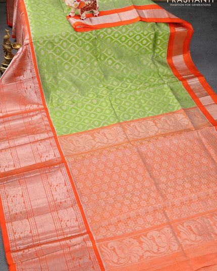 Kuppadam silk cotton saree green and orange with allover silver zari weaves and long rich silver zari woven floral border - {{ collection.title }} by Prashanti Sarees
