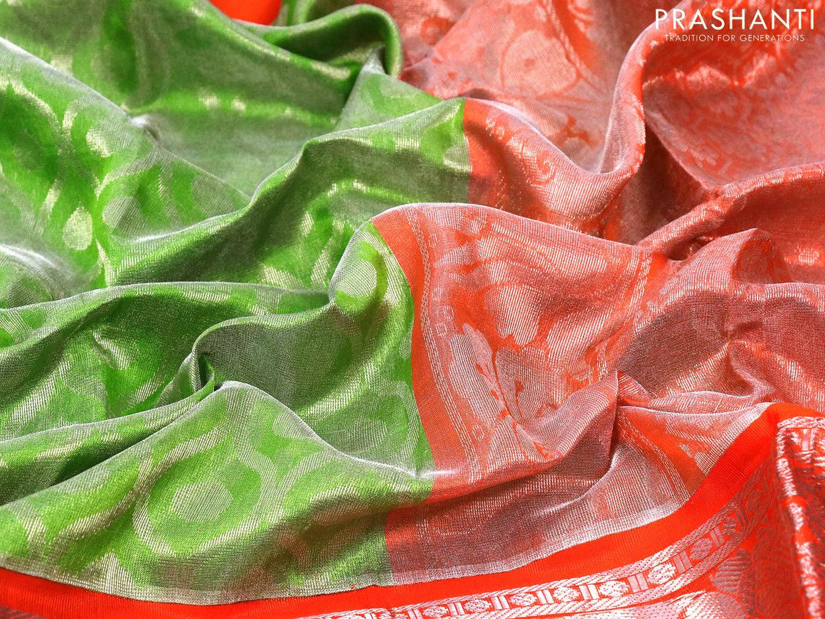 Kuppadam silk cotton saree green and orange with allover silver zari weaves and long rich silver zari woven floral border - {{ collection.title }} by Prashanti Sarees