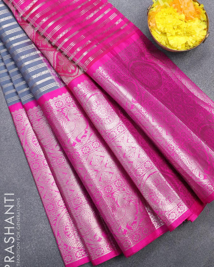 Kuppadam silk cotton saree grey and pink with allover silver zari stripe weaves and long rich silver zari woven border - {{ collection.title }} by Prashanti Sarees
