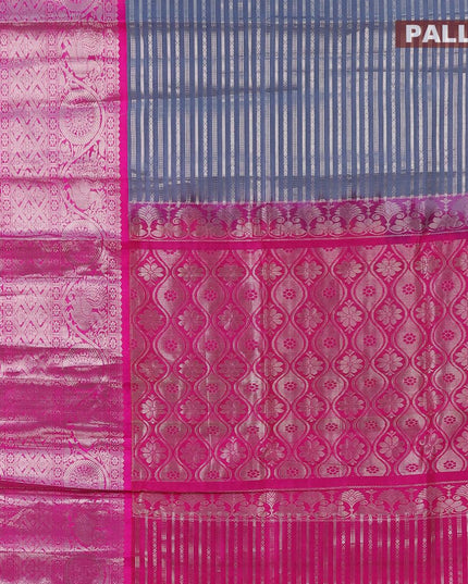 Kuppadam silk cotton saree grey and pink with allover silver zari stripe weaves and long rich silver zari woven border - {{ collection.title }} by Prashanti Sarees