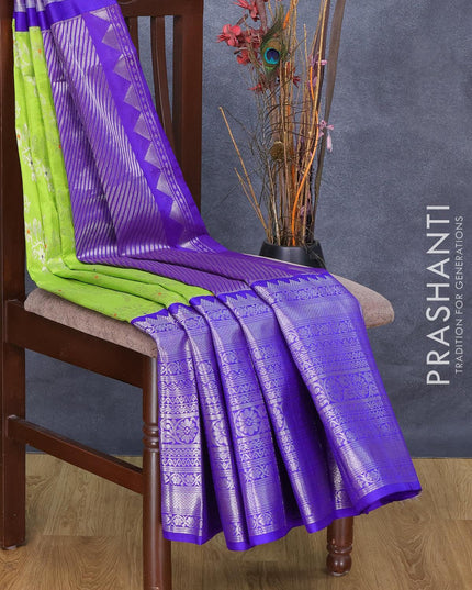 Kuppadam silk cotton saree light green and blue with allover silver zari woven brocade weaves and long silver zari woven border - {{ collection.title }} by Prashanti Sarees