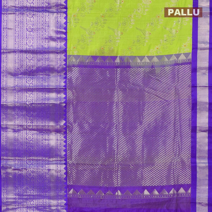 Kuppadam silk cotton saree light green and blue with allover silver zari woven brocade weaves and long silver zari woven border - {{ collection.title }} by Prashanti Sarees