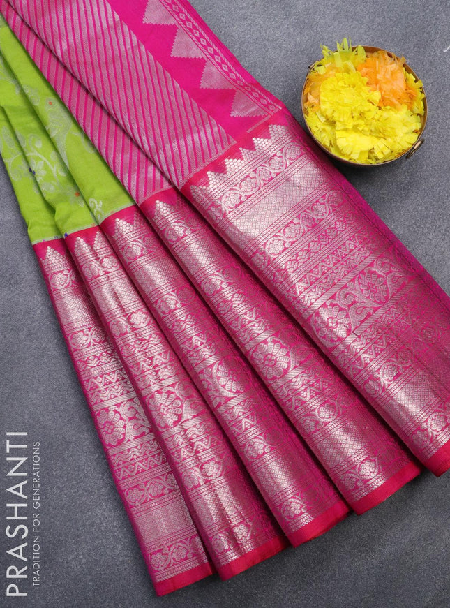 Kuppadam silk cotton saree light green and pink with allover silver zari woven brocade weaves and long silver zari woven border - {{ collection.title }} by Prashanti Sarees