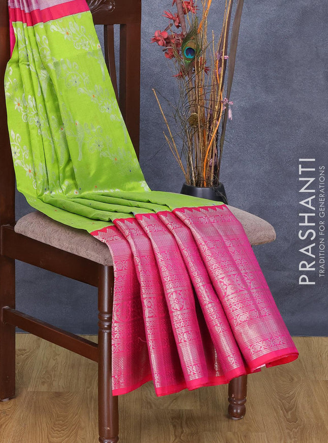 Kuppadam silk cotton saree light green and pink with allover silver zari woven brocade weaves and long silver zari woven border - {{ collection.title }} by Prashanti Sarees