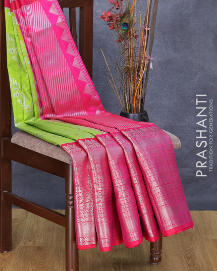 Kuppadam silk cotton saree light green and pink with allover silver zari woven brocade weaves and long silver zari woven border - {{ collection.title }} by Prashanti Sarees