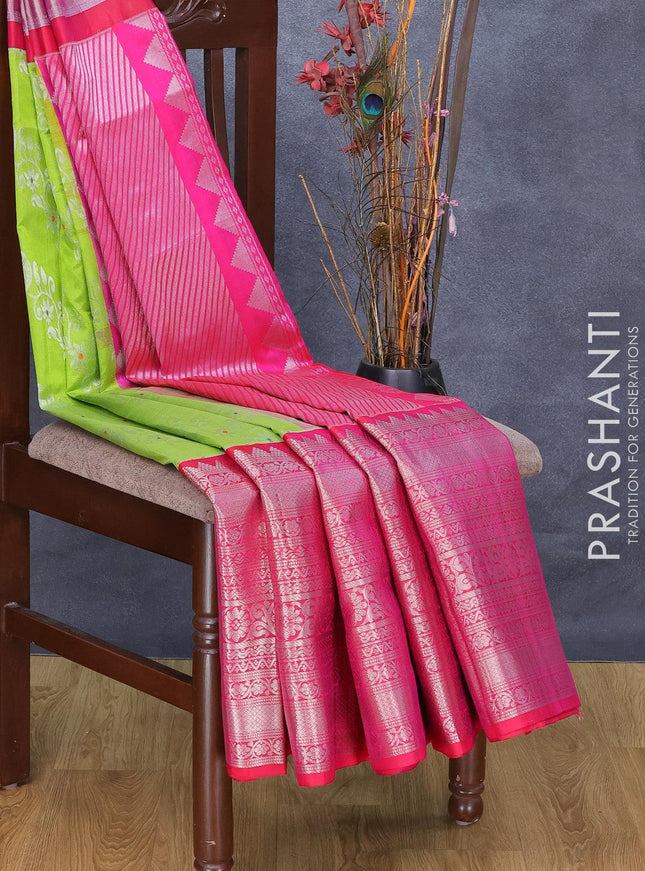 Kuppadam silk cotton saree light green and pink with allover silver zari woven brocade weaves and long silver zari woven border - {{ collection.title }} by Prashanti Sarees