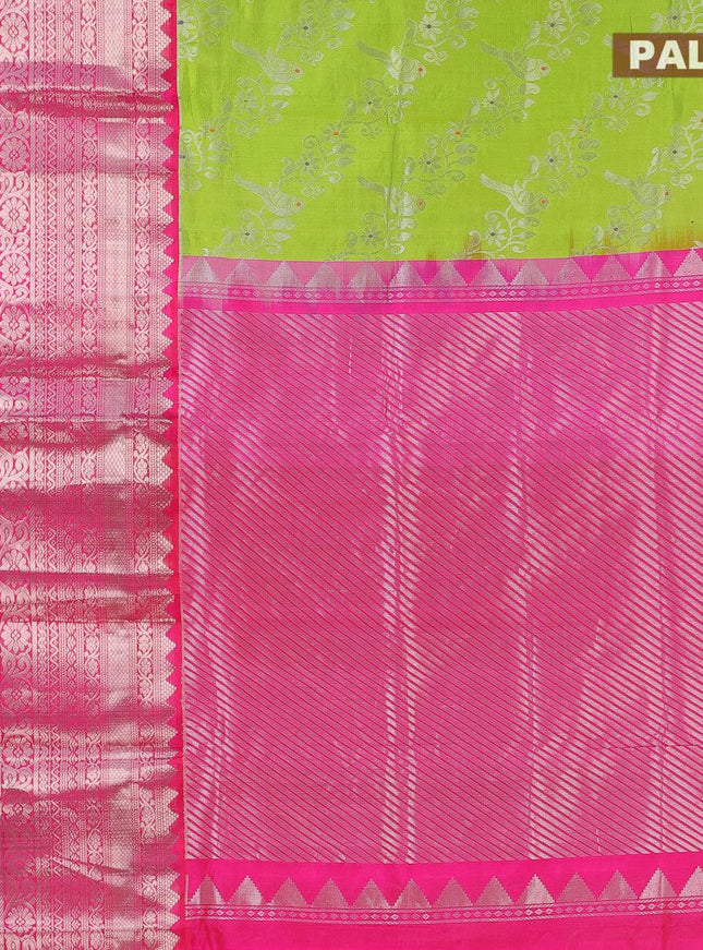 Kuppadam silk cotton saree light green and pink with allover silver zari woven brocade weaves and long silver zari woven border - {{ collection.title }} by Prashanti Sarees