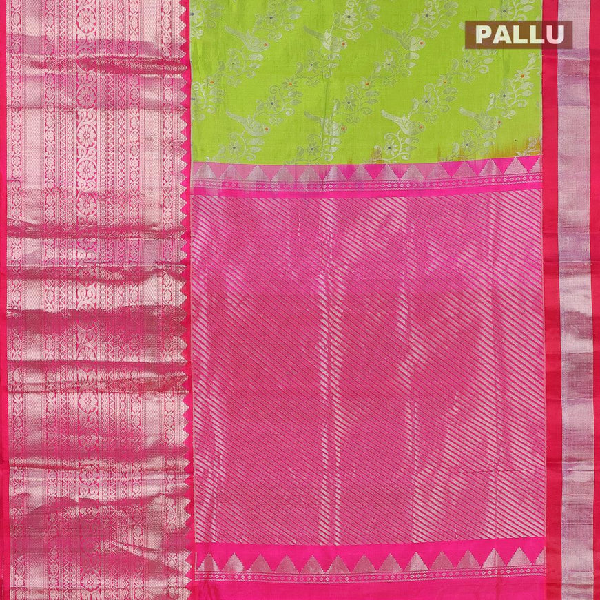 Kuppadam silk cotton saree light green and pink with allover silver zari woven brocade weaves and long silver zari woven border - {{ collection.title }} by Prashanti Sarees