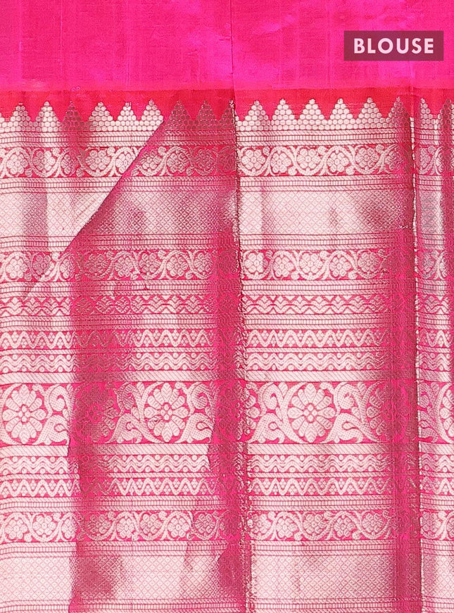 Kuppadam silk cotton saree light green and pink with allover silver zari woven brocade weaves and long silver zari woven border - {{ collection.title }} by Prashanti Sarees